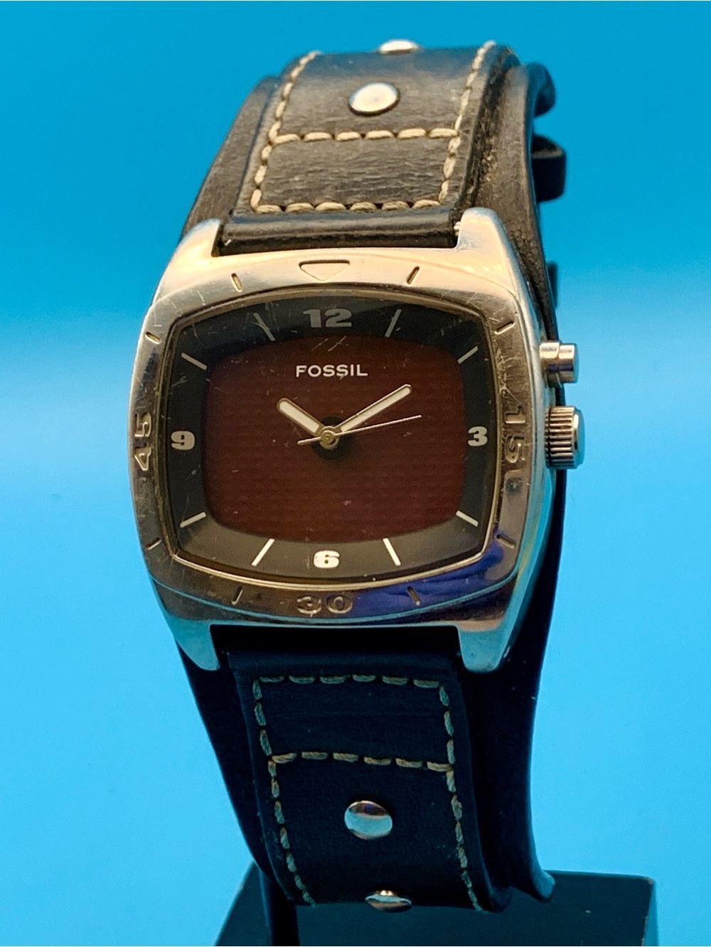 FOSSIL BIG TIC AM-3696 Men’s Vintage Quartz Wristwatch Bund Band Works New Batt